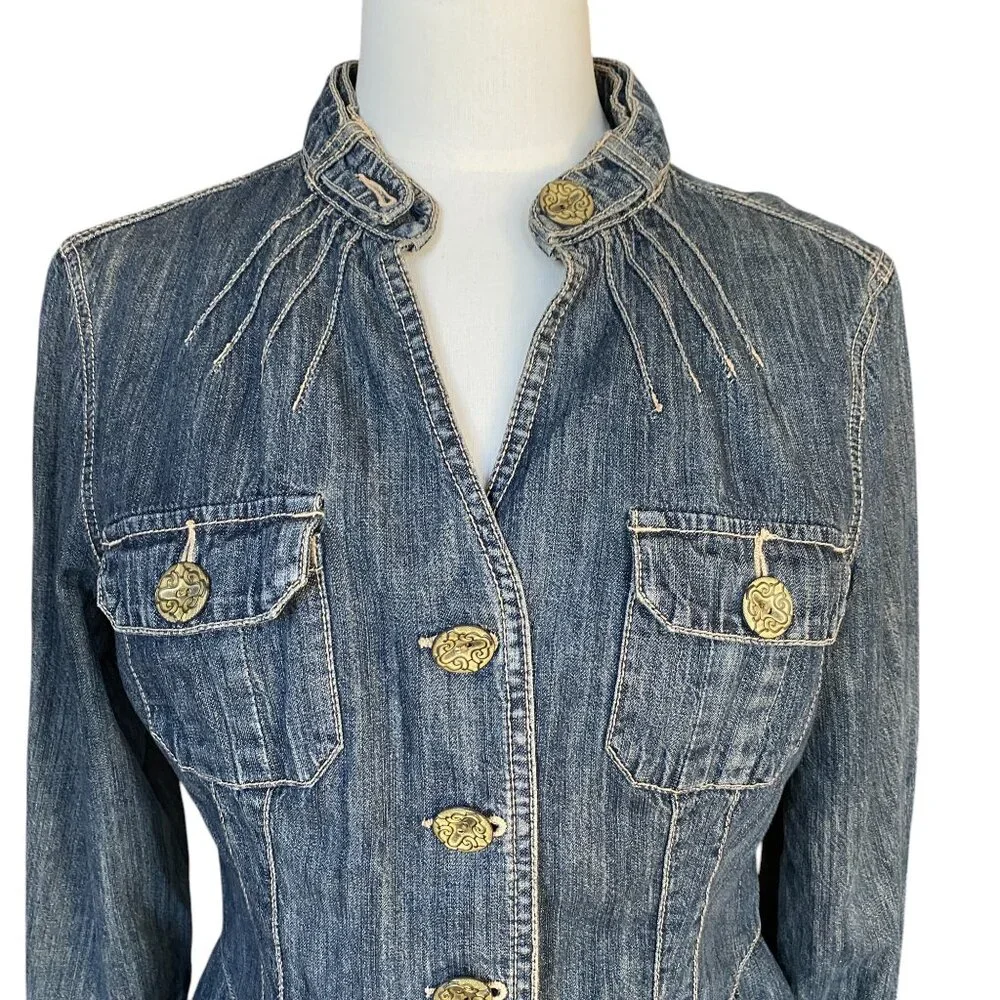 Vintage AMI Denim Fitted Y2K Peplum Jean Jacket Washed Blue Western Grunge 90s-M - Picture 2 of 11